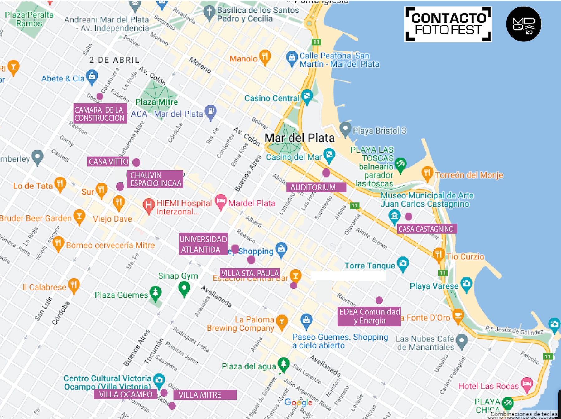 Mapa de Mar del Plata con los lugares del recorrido fotográfico