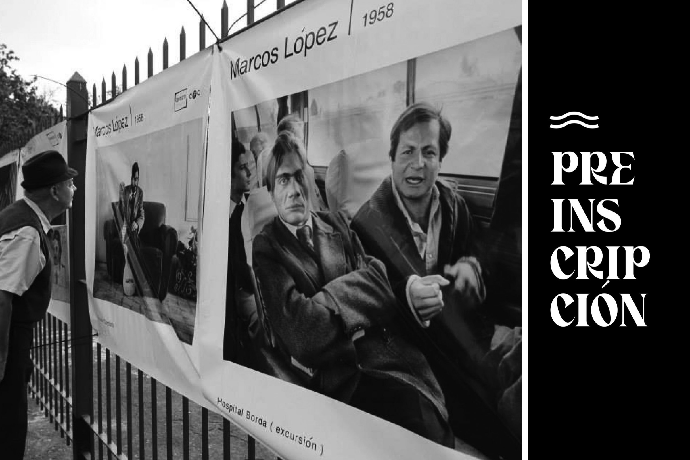 Fotografías de Marcos López sobre las rejas, con la marca del encuentro