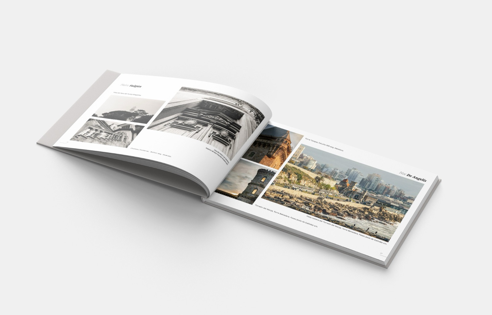El libro abierto: a la izquierda fotografías en blanco y negro de Maire Salgán, a la derecha el Torreón del Monje y la costa en color, de Noe De Angelis